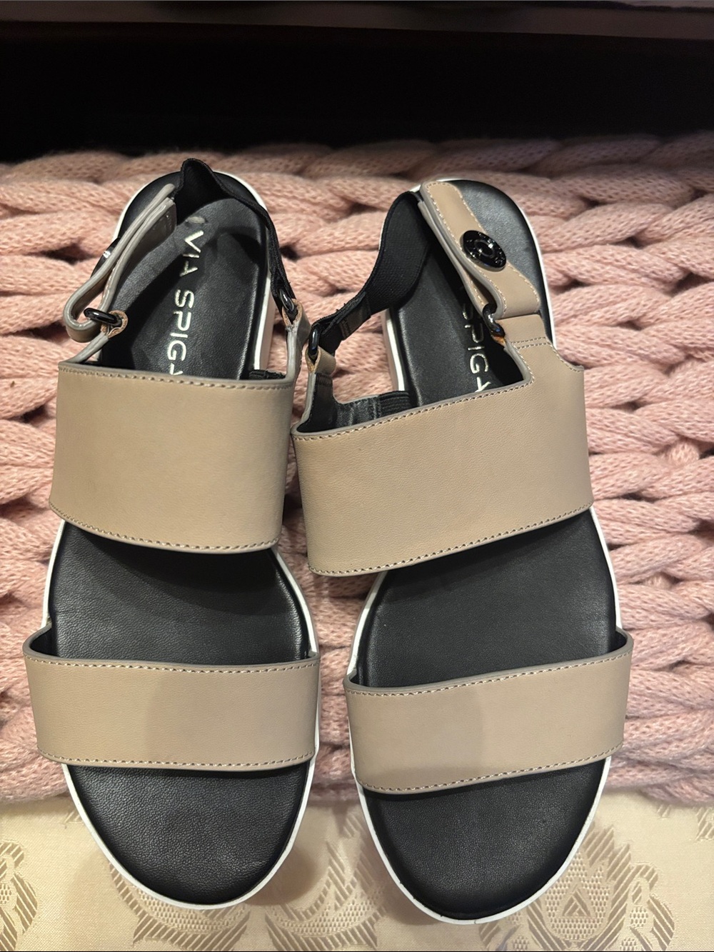 Via Spiga Taupe and Black Wide-Strap Slingback Sandals
